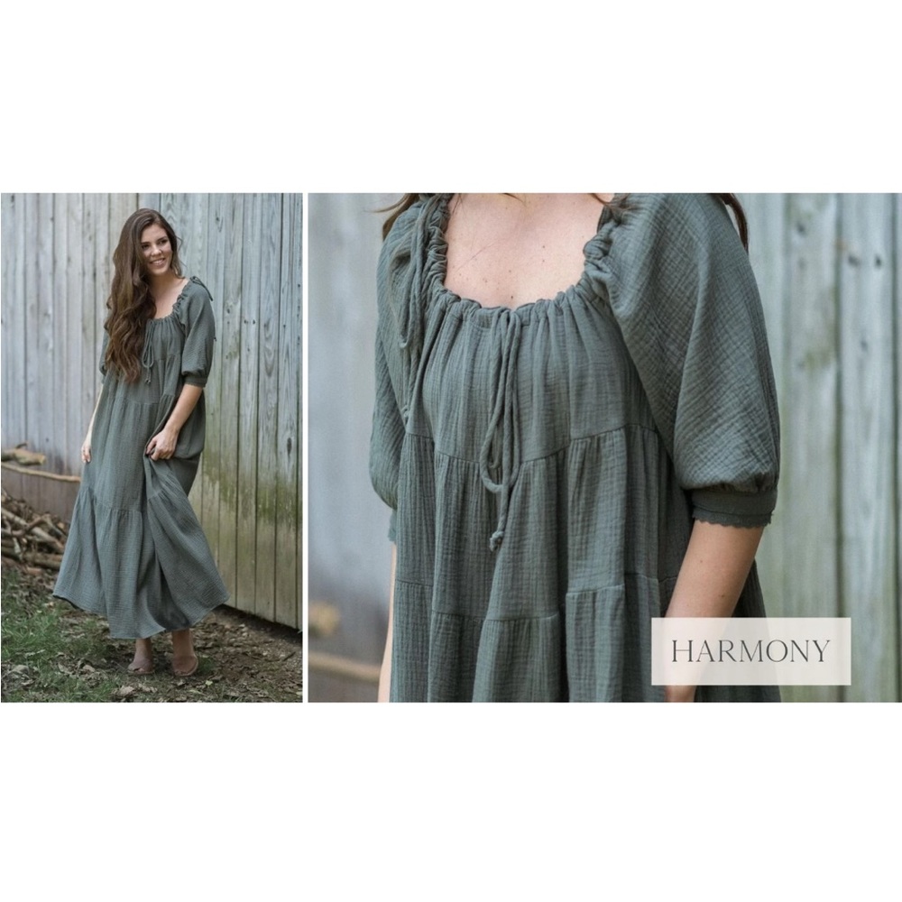 Harmony - Tiered Maxi Dress with Square Neck in Olive Green - Picture 2 of 10